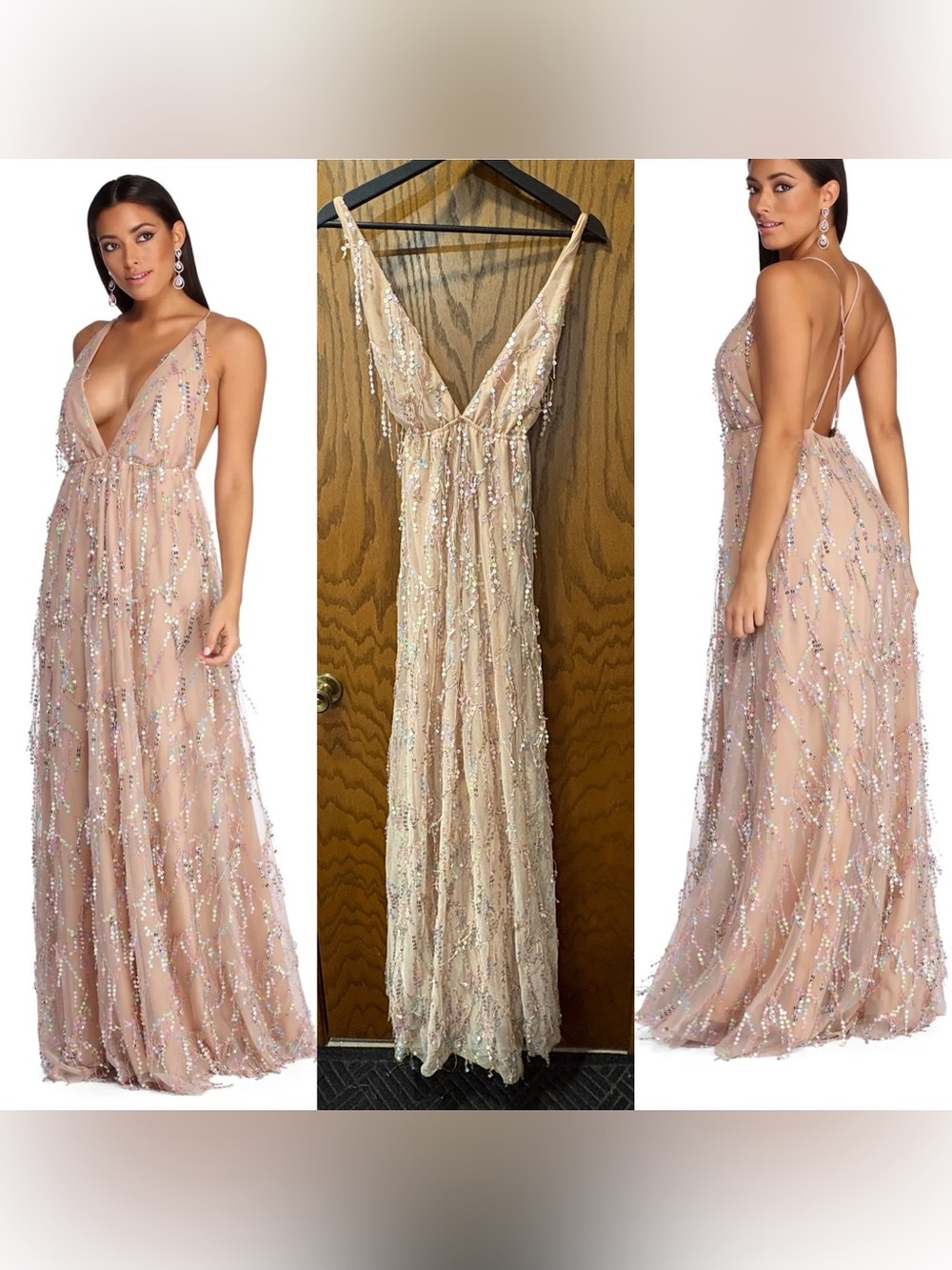 Windsor Marissa Elegant Sequin Embellished Plunge V-Neck Evening Gown Blush Pink